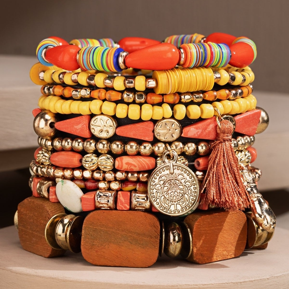 Colorful Multi Stranded Beaded India Bracelet w/ Tassel & Charms